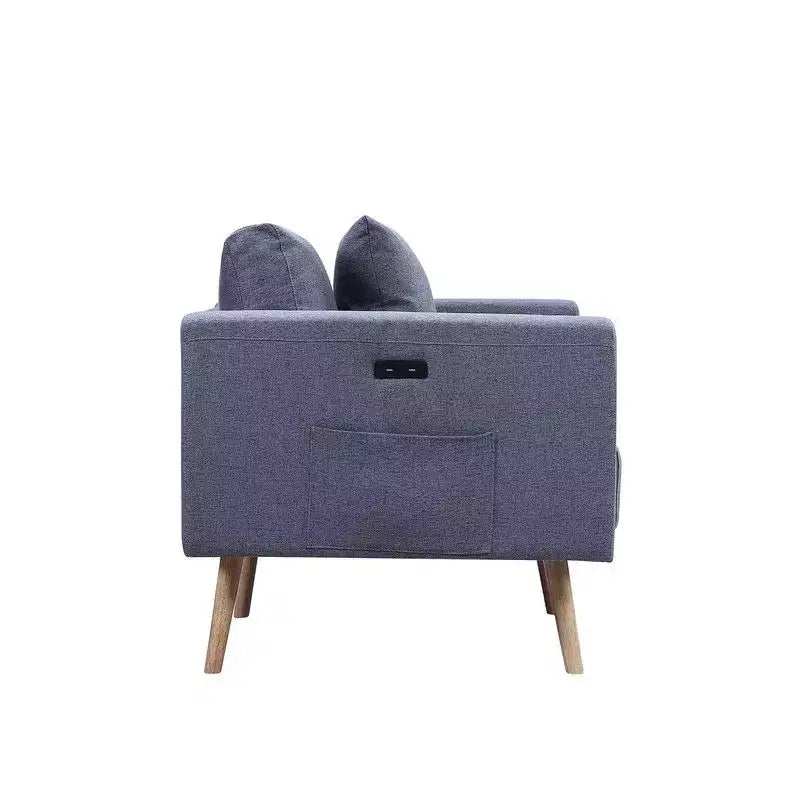 Fauteuil d'appoint TUYOHW, fauteuil en tissu de lin gris avec coussin décoratif, ports de chargement USB, poches latérales, pieds en bois massif, fauteuil simple pour salon.