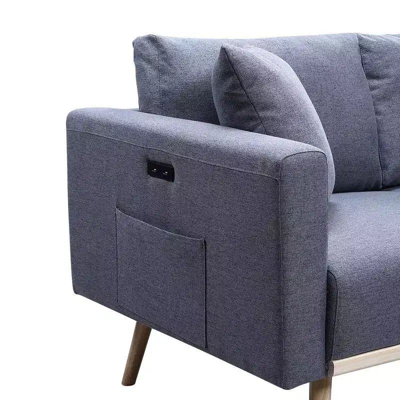 Fauteuil d'appoint TUYOHW, fauteuil en tissu de lin gris avec coussin décoratif, ports de chargement USB, poches latérales, pieds en bois massif, fauteuil simple pour salon.