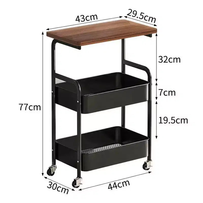 Chariot roulant à 3 niveaux avec plateau, desserte roulante en métal sur roulettes, chariot de rangement robuste avec crochets pour bureau, salle de classe, cuisine
