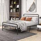 MAYEERTY Lit double plateforme en métal avec tête et pied de lit, rangement sous le lit, sommier tapissier non requis, noir