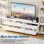 Meuble TV de 225,8 cm pour téléviseur de 75 pouces, meuble de divertissement avec tiroirs en tissu et étagères ouvertes à 4 niveaux, console multimédia moderne avec rangement pour le salon
