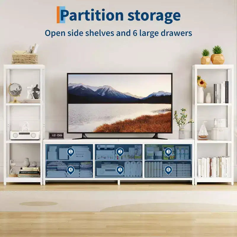 Meuble TV de 225,8 cm pour téléviseur de 75 pouces, meuble de divertissement avec tiroirs en tissu et étagères ouvertes à 4 niveaux, console multimédia moderne avec rangement pour le salon