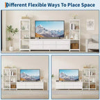Meuble TV de 225,8 cm pour téléviseur de 75 pouces, meuble de divertissement avec tiroirs en tissu et étagères ouvertes à 4 niveaux, console multimédia moderne avec rangement pour le salon