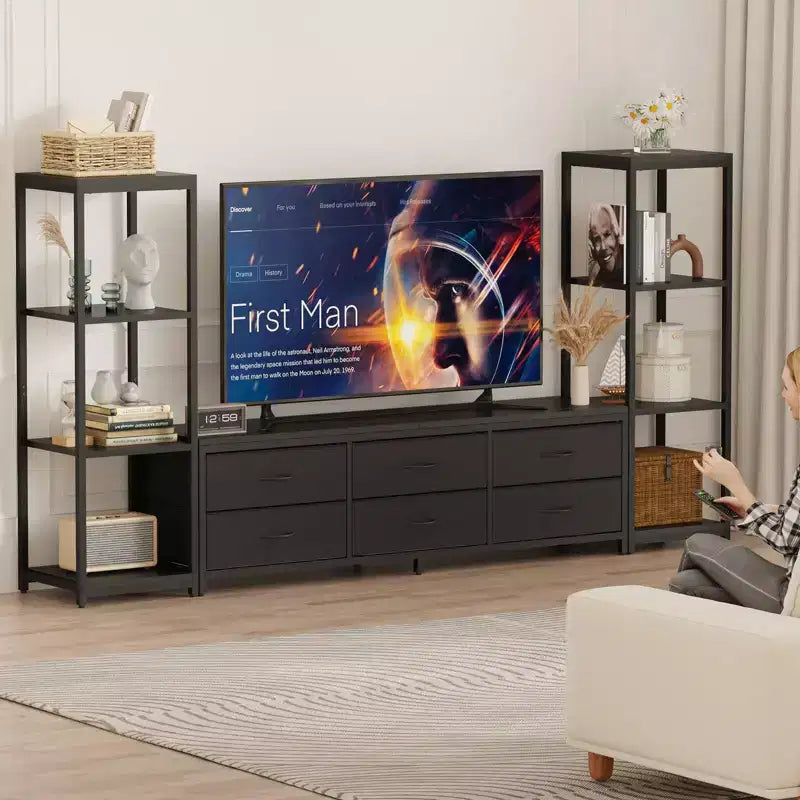 Meuble TV de 225,8 cm pour téléviseur de 75 pouces, meuble de divertissement avec tiroirs en tissu et étagères ouvertes à 4 niveaux, console multimédia moderne avec rangement pour le salon
