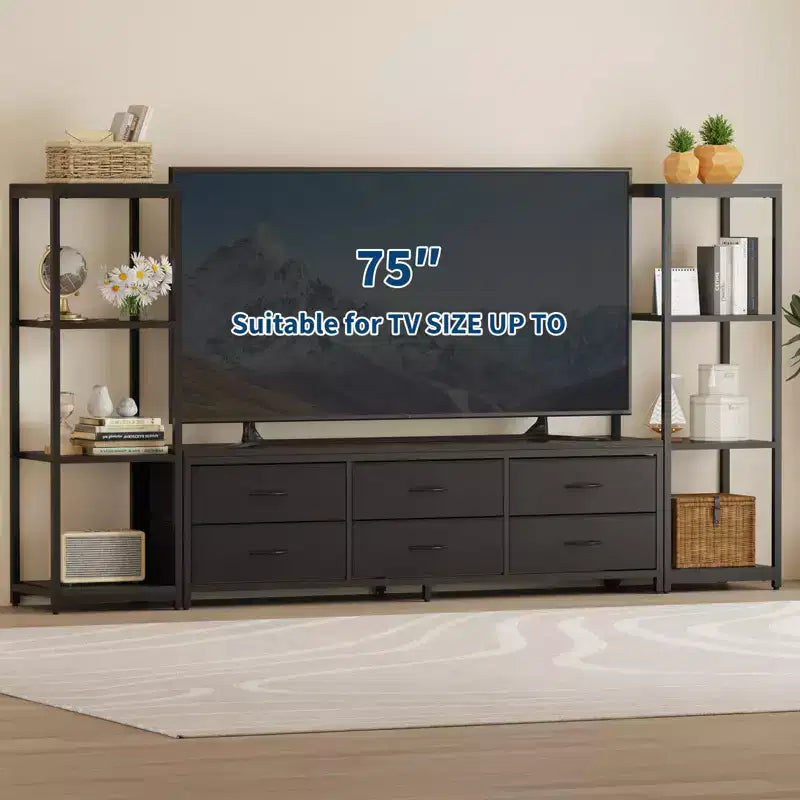 Meuble TV de 225,8 cm pour téléviseur de 75 pouces, meuble de divertissement avec tiroirs en tissu et étagères ouvertes à 4 niveaux, console multimédia moderne avec rangement pour le salon