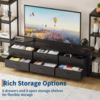 Meuble TV de 225,8 cm pour téléviseur de 75 pouces, meuble de divertissement avec tiroirs en tissu et étagères ouvertes à 4 niveaux, console multimédia moderne avec rangement pour le salon