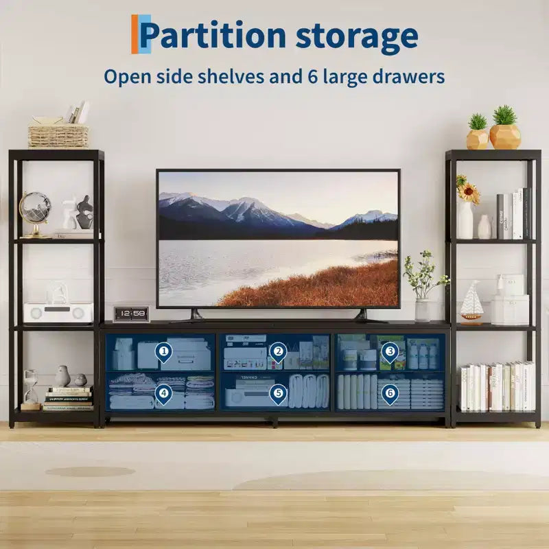 Meuble TV de 225,8 cm pour téléviseur de 75 pouces, meuble de divertissement avec tiroirs en tissu et étagères ouvertes à 4 niveaux, console multimédia moderne avec rangement pour le salon