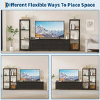 Meuble TV de 225,8 cm pour téléviseur de 75 pouces, meuble de divertissement avec tiroirs en tissu et étagères ouvertes à 4 niveaux, console multimédia moderne avec rangement pour le salon