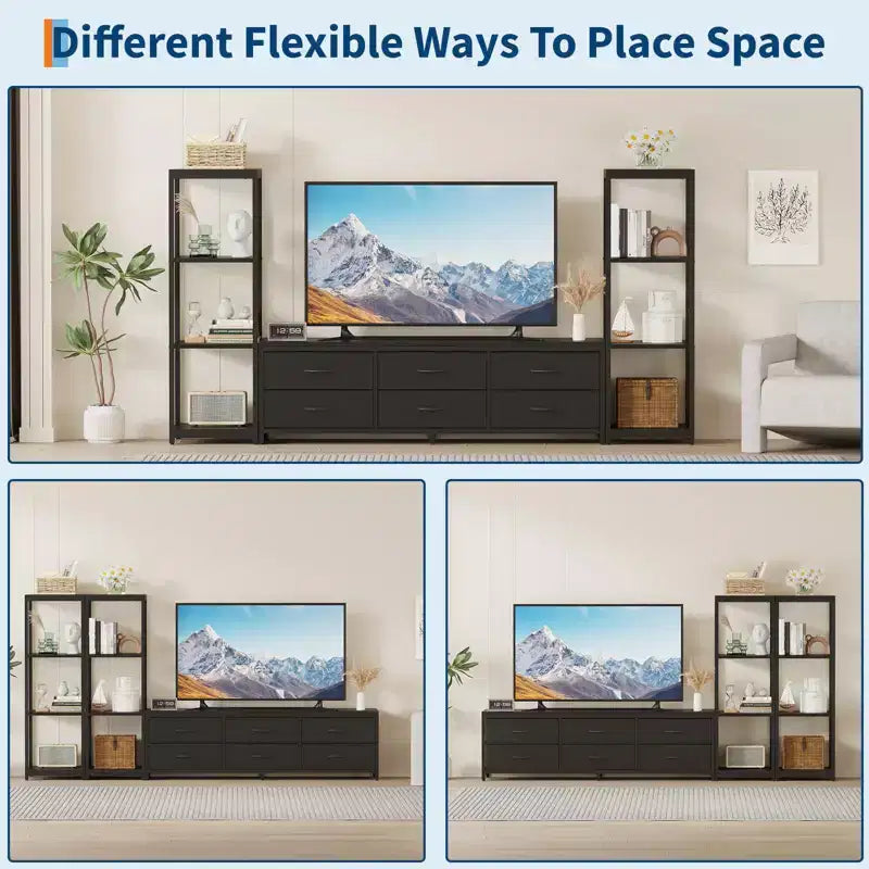 Meuble TV de 225,8 cm pour téléviseur de 75 pouces, meuble de divertissement avec tiroirs en tissu et étagères ouvertes à 4 niveaux, console multimédia moderne avec rangement pour le salon
