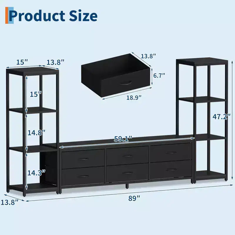 Meuble TV de 225,8 cm pour téléviseur de 75 pouces, meuble de divertissement avec tiroirs en tissu et étagères ouvertes à 4 niveaux, console multimédia moderne avec rangement pour le salon