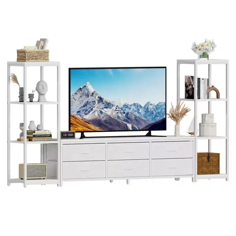 Meuble TV de 225,8 cm pour téléviseur de 75 pouces, meuble de divertissement avec tiroirs en tissu et étagères ouvertes à 4 niveaux, console multimédia moderne avec rangement pour le salon
