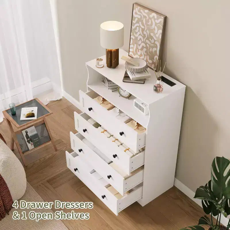 COZONY Commode à 4 tiroirs de 80 cm – Meuble de rangement en bois avec station de charge et lumières LED, Organisateur de rangement étroit pour chambre, salon, couloir