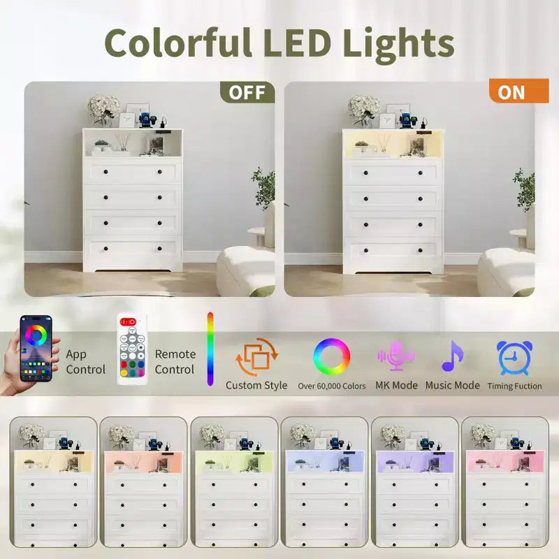COZONY Commode à 4 tiroirs de 80 cm – Meuble de rangement en bois avec station de charge et lumières LED, Organisateur de rangement étroit pour chambre, salon, couloir