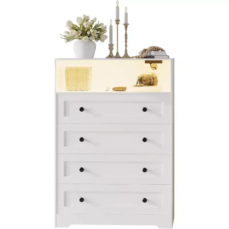 COZONY Commode à 4 tiroirs de 80 cm – Meuble de rangement en bois avec station de charge et lumières LED, Organisateur de rangement étroit pour chambre, salon, couloir