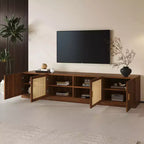 Meuble TV cannelé moderne pour téléviseurs jusqu'à 85", Meuble de rangement de 198 cm de long avec armoire, Table console TV en bois pour salon et chambre