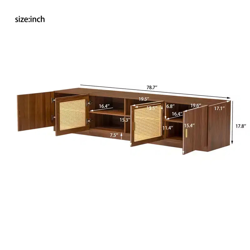 Meuble TV cannelé moderne pour téléviseurs jusqu'à 85", Meuble de rangement de 198 cm de long avec armoire, Table console TV en bois pour salon et chambre