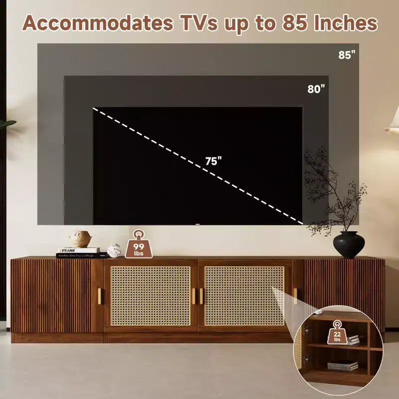 Meuble TV cannelé moderne pour téléviseurs jusqu'à 85", Meuble de rangement de 198 cm de long avec armoire, Table console TV en bois pour salon et chambre