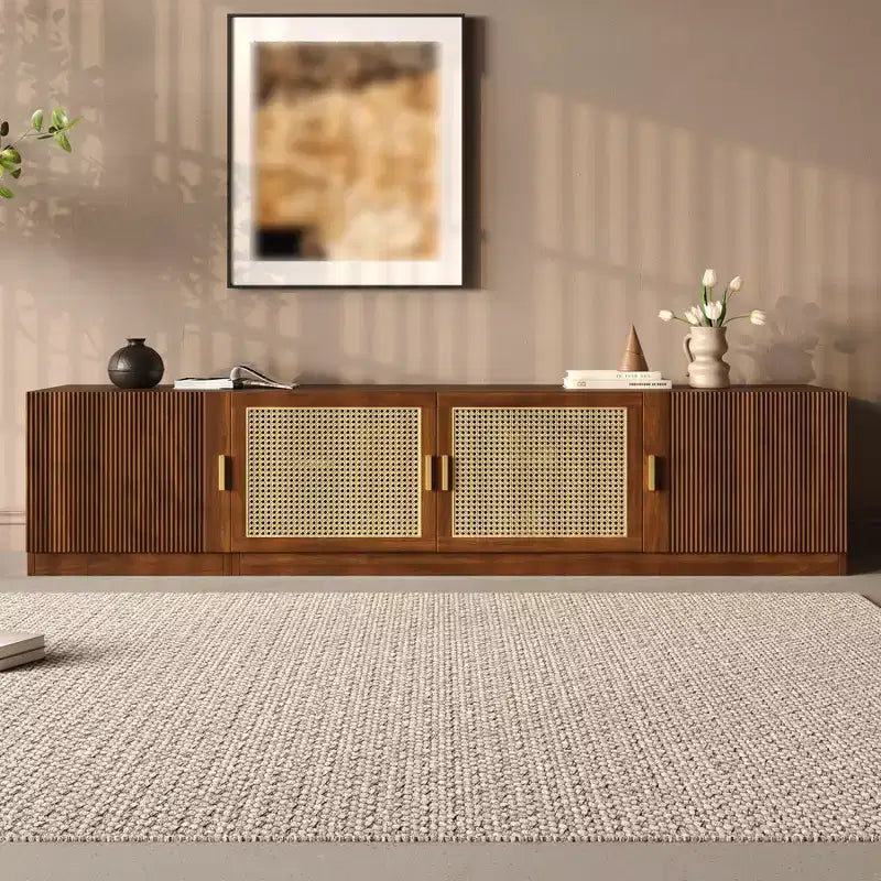 Meuble TV cannelé moderne pour téléviseurs jusqu'à 85", Meuble de rangement de 198 cm de long avec armoire, Table console TV en bois pour salon et chambre