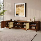 Meuble TV cannelé moderne pour téléviseurs jusqu'à 85", Meuble de rangement de 198 cm de long avec armoire, Table console TV en bois pour salon et chambre