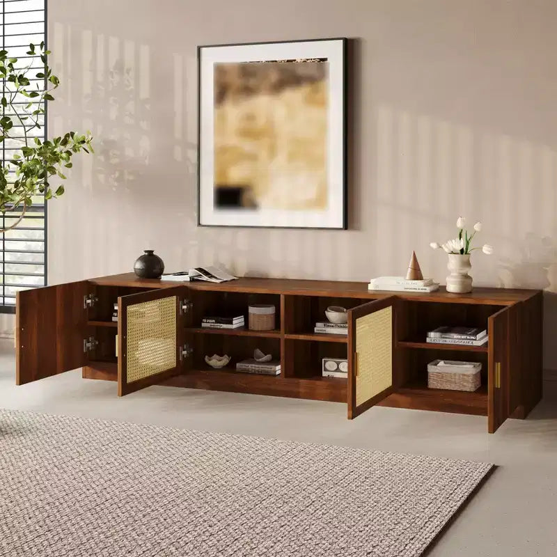 Meuble TV cannelé moderne pour téléviseurs jusqu'à 85", Meuble de rangement de 198 cm de long avec armoire, Table console TV en bois pour salon et chambre