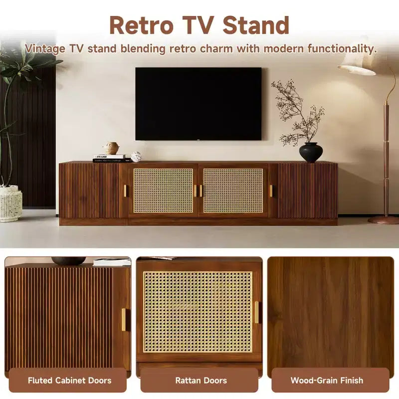 Meuble TV cannelé moderne pour téléviseurs jusqu'à 85", Meuble de rangement de 198 cm de long avec armoire, Table console TV en bois pour salon et chambre