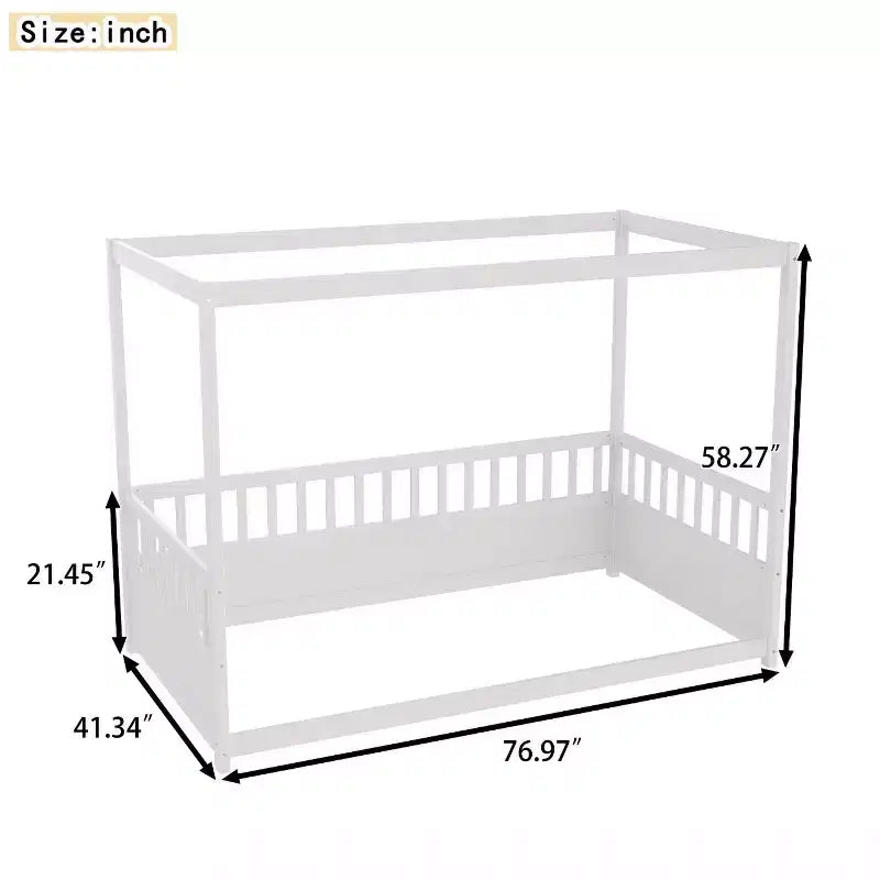 Okak Lit de sol double/complet à baldaquin avec rails de sécurité, lits à baldaquin en bois pour chambre d'enfant, chambre à coucher