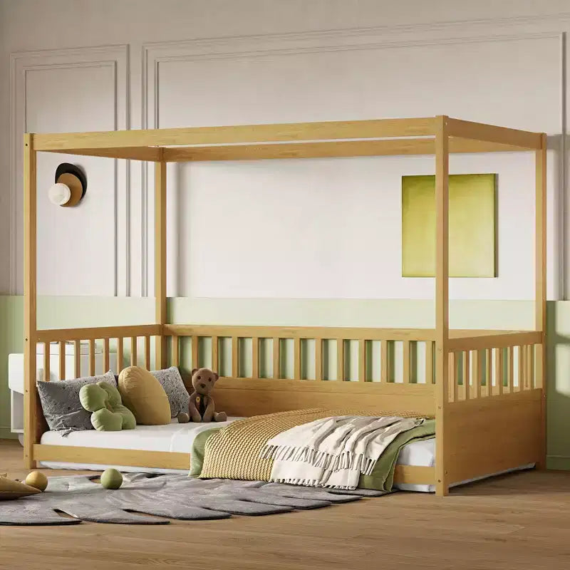 Okak Lit de sol double/complet à baldaquin avec rails de sécurité, lits à baldaquin en bois pour chambre d'enfant, chambre à coucher
