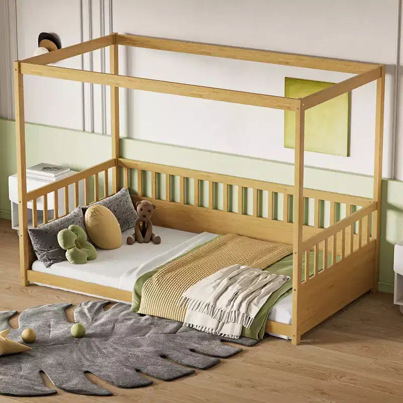 Okak Lit de sol double/complet à baldaquin avec rails de sécurité, lits à baldaquin en bois pour chambre d'enfant, chambre à coucher