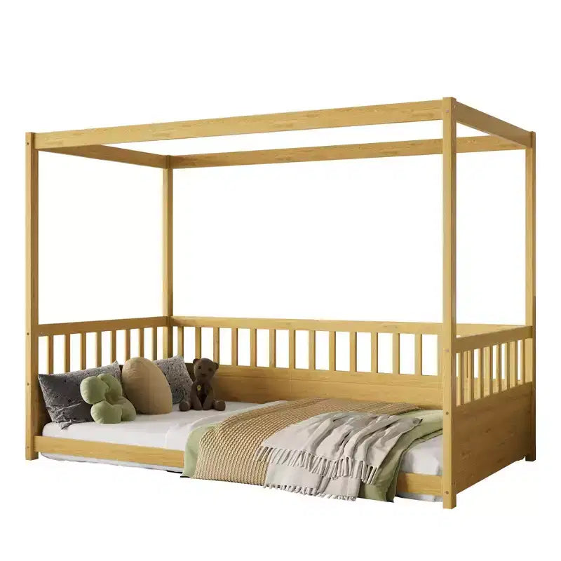 Okak Lit de sol double/complet à baldaquin avec rails de sécurité, lits à baldaquin en bois pour chambre d'enfant, chambre à coucher