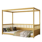 Okak Lit de sol double/complet à baldaquin avec rails de sécurité, lits à baldaquin en bois pour chambre d'enfant, chambre à coucher
