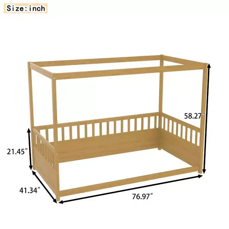 Okak Lit de sol double/complet à baldaquin avec rails de sécurité, lits à baldaquin en bois pour chambre d'enfant, chambre à coucher