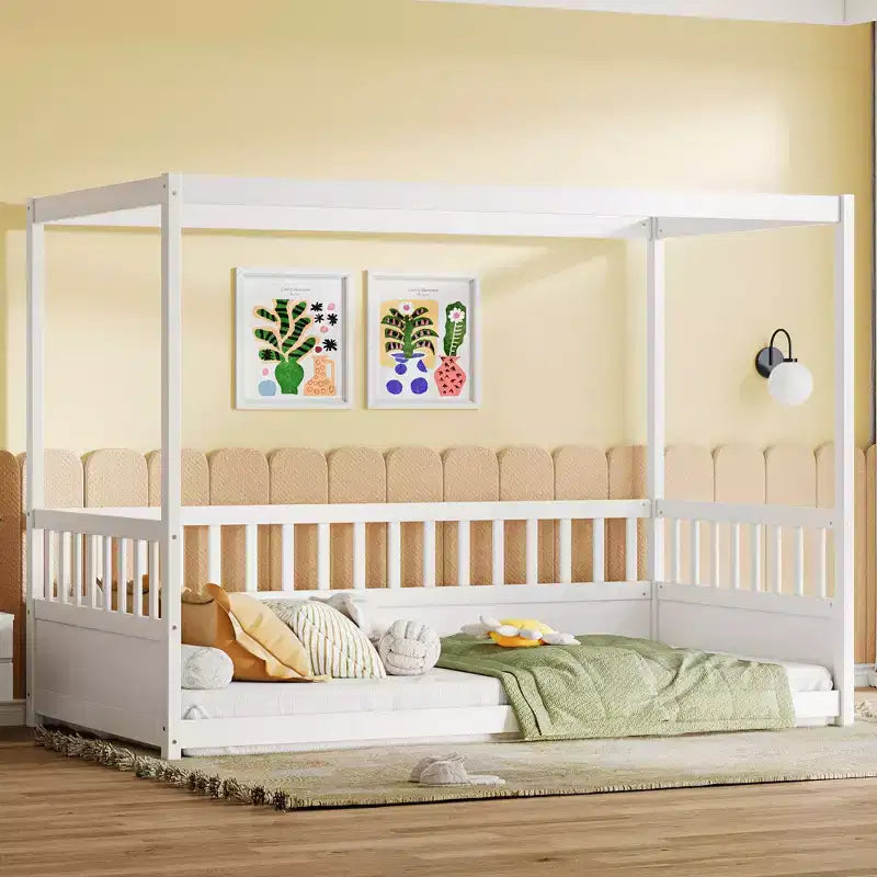 Okak Lit de sol double/complet à baldaquin avec rails de sécurité, lits à baldaquin en bois pour chambre d'enfant, chambre à coucher