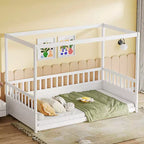 Okak Lit de sol double/complet à baldaquin avec rails de sécurité, lits à baldaquin en bois pour chambre d'enfant, chambre à coucher