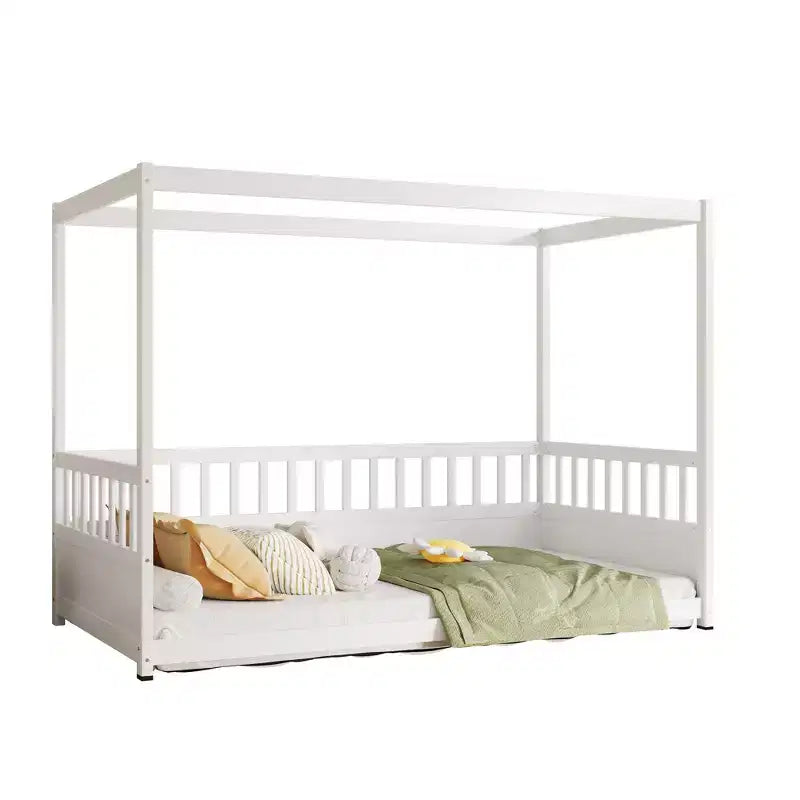 Okak Lit de sol double/complet à baldaquin avec rails de sécurité, lits à baldaquin en bois pour chambre d'enfant, chambre à coucher