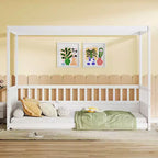 Okak Lit de sol double/complet à baldaquin avec rails de sécurité, lits à baldaquin en bois pour chambre d'enfant, chambre à coucher