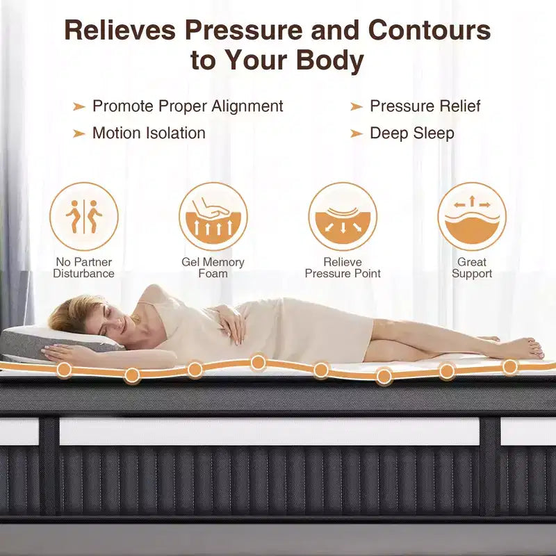 Matelas Queen en boîte 14 pouces, mousse à mémoire de forme au gel et ressorts ensachés, matelas hybride mi-ferme, soutien dorsal et isolation des mouvements, lit rafraîchissant pour les personnes dormant sur le côté