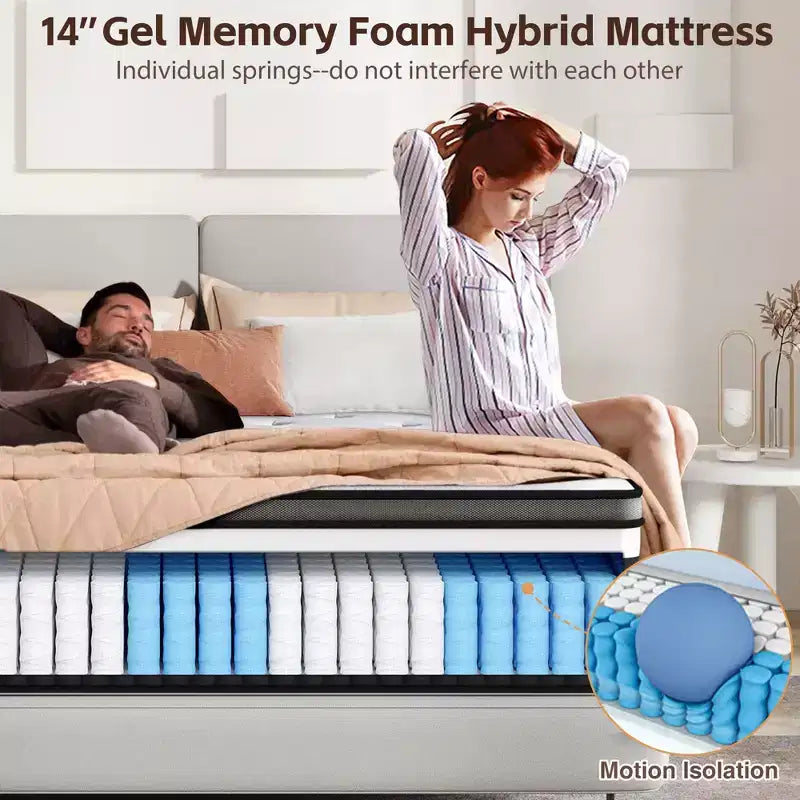 Matelas Queen en boîte 14 pouces, mousse à mémoire de forme au gel et ressorts ensachés, matelas hybride mi-ferme, soutien dorsal et isolation des mouvements, lit rafraîchissant pour les personnes dormant sur le côté