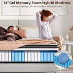 Matelas Queen en boîte 14 pouces, mousse à mémoire de forme au gel et ressorts ensachés, matelas hybride mi-ferme, soutien dorsal et isolation des mouvements, lit rafraîchissant pour les personnes dormant sur le côté