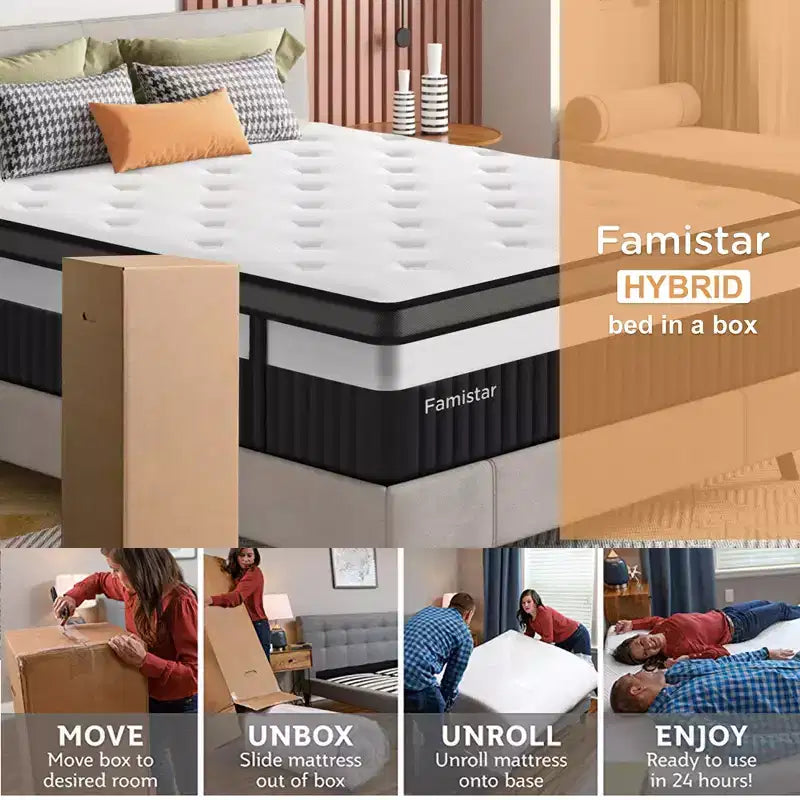 Matelas Queen en boîte 14 pouces, mousse à mémoire de forme au gel et ressorts ensachés, matelas hybride mi-ferme, soutien dorsal et isolation des mouvements, lit rafraîchissant pour les personnes dormant sur le côté