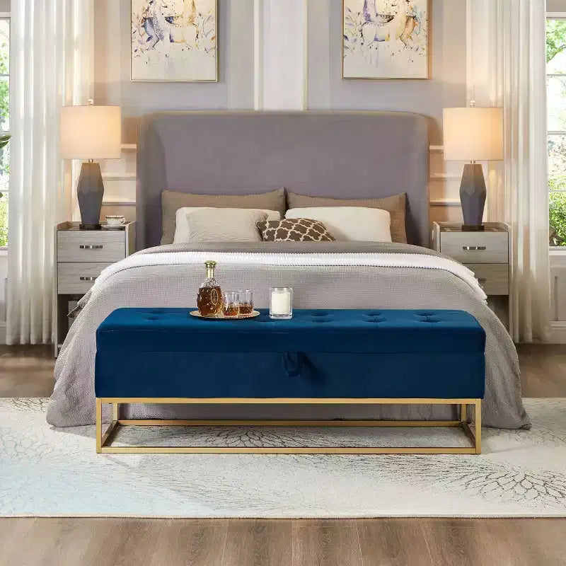 Banc de rangement Okak 58.6 avec base en métal et grand espace de rangement, banc d'entrée capitonné, banc de bout de lit pour salon, chambre à coucher
