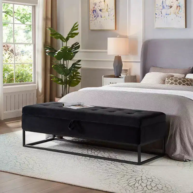 Banc de rangement Okak 58.6 avec base en métal et grand espace de rangement, banc d'entrée capitonné, banc de bout de lit pour salon, chambre à coucher