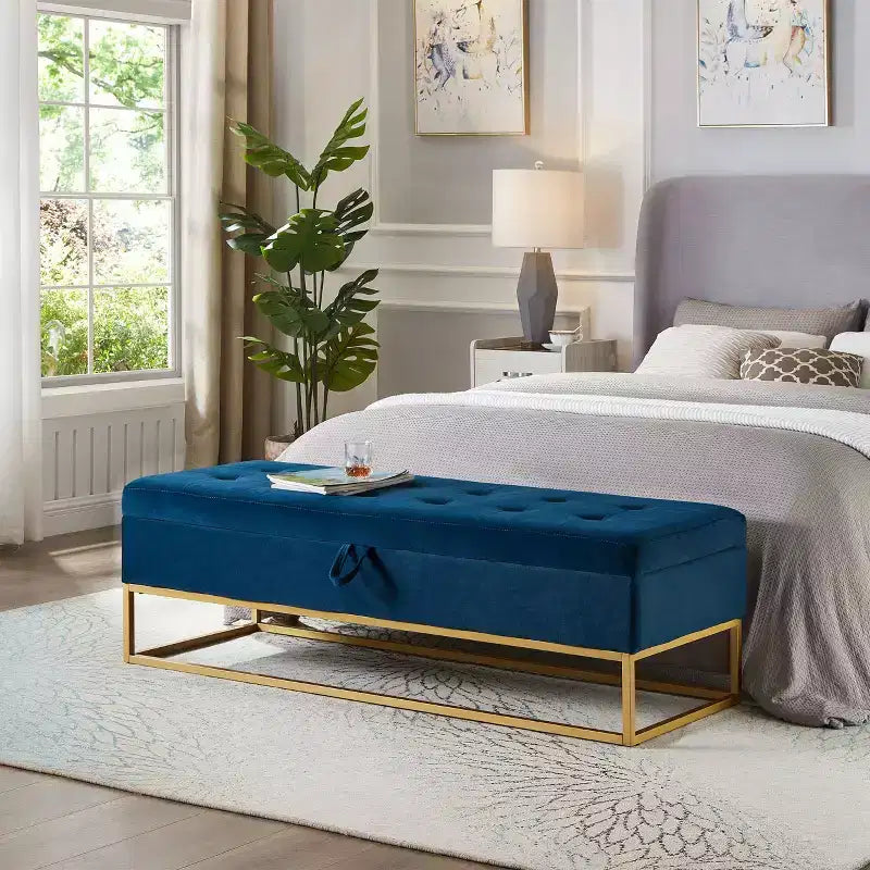 Banc de rangement Okak 58.6 avec base en métal et grand espace de rangement, banc d'entrée capitonné, banc de bout de lit pour salon, chambre à coucher