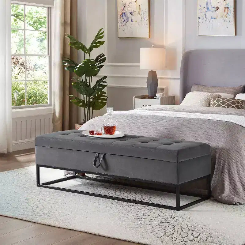 Banc de rangement Okak 58.6 avec base en métal et grand espace de rangement, banc d'entrée capitonné, banc de bout de lit pour salon, chambre à coucher