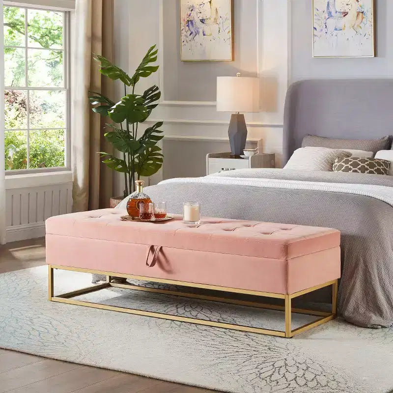 Banc de rangement Okak 58.6 avec base en métal et grand espace de rangement, banc d'entrée capitonné, banc de bout de lit pour salon, chambre à coucher
