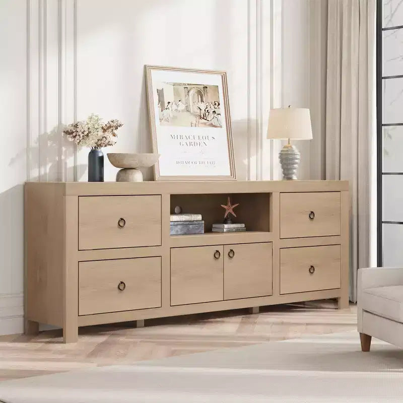 Meuble TV pour téléviseurs de 75/80 pouces, meuble de divertissement de 70 pouces de long avec 6 tiroirs et étagère pour barre de son, console multimédia pour salon et chambre