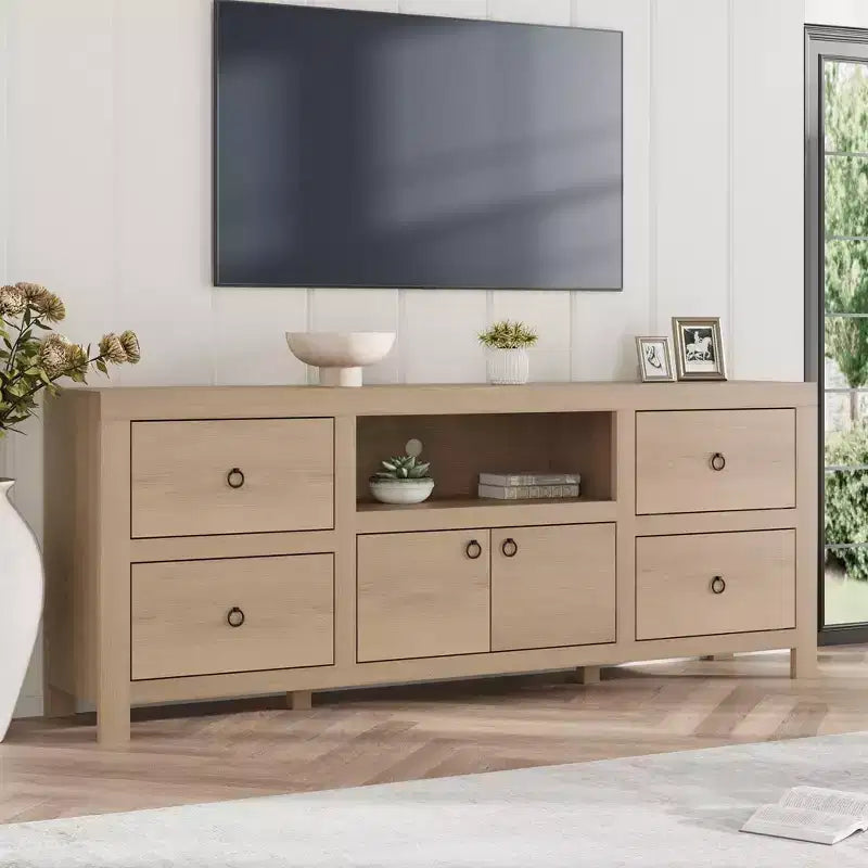 Meuble TV pour téléviseurs de 75/80 pouces, meuble de divertissement de 70 pouces de long avec 6 tiroirs et étagère pour barre de son, console multimédia pour salon et chambre