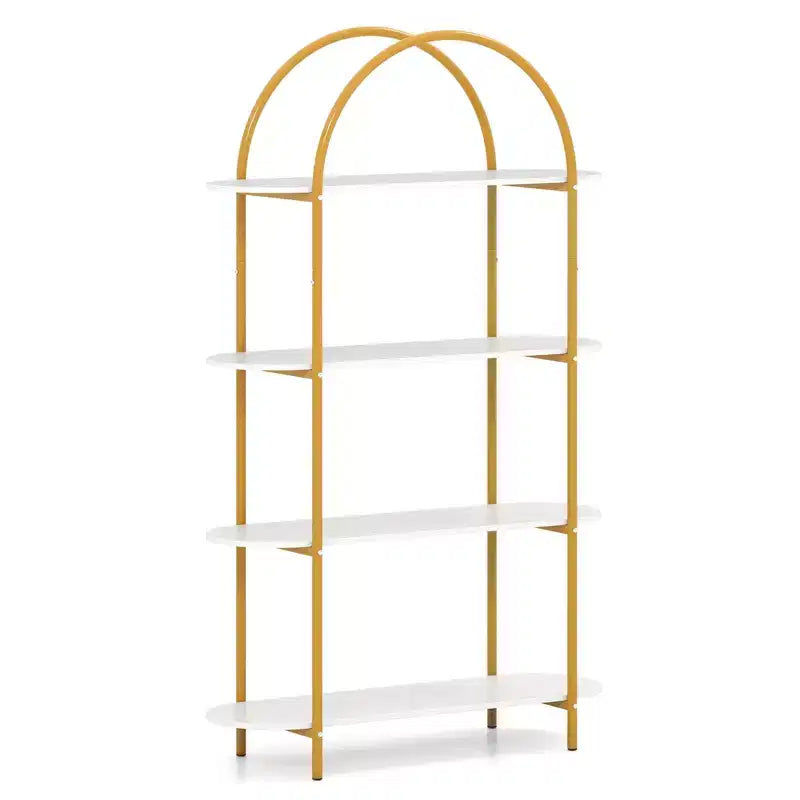 Costway Étagère arquée 1/2 pièce, bibliothèque ouverte à 4 niveaux avec cadre métallique robuste pour salon marron rustique et noir/doré et blanc