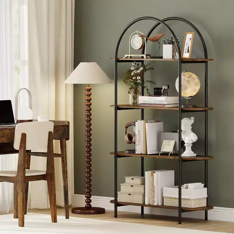 Costway Étagère arquée 1/2 pièce, bibliothèque ouverte à 4 niveaux avec cadre métallique robuste pour salon marron rustique et noir/doré et blanc