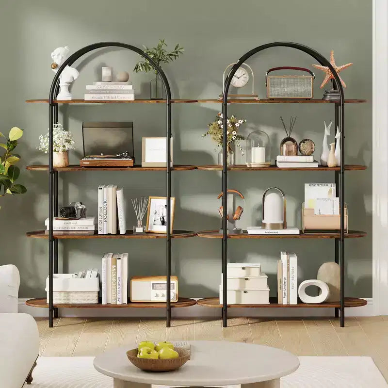 Costway Étagère arquée 1/2 pièce, bibliothèque ouverte à 4 niveaux avec cadre métallique robuste pour salon marron rustique et noir/doré et blanc