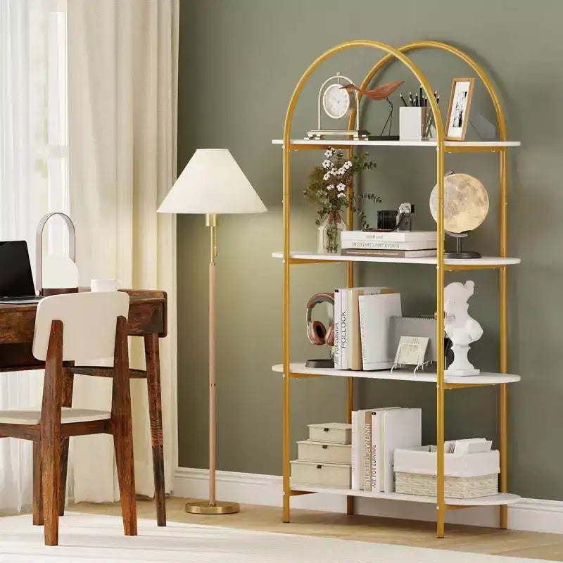 Costway Étagère arquée 1/2 pièce, bibliothèque ouverte à 4 niveaux avec cadre métallique robuste pour salon marron rustique et noir/doré et blanc
